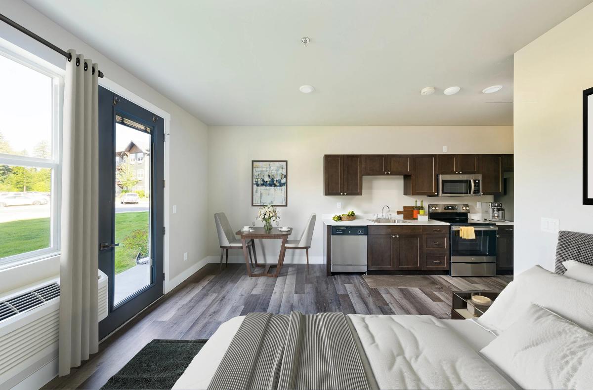 Studio floor plan - bedroom, kitchen, and dining space