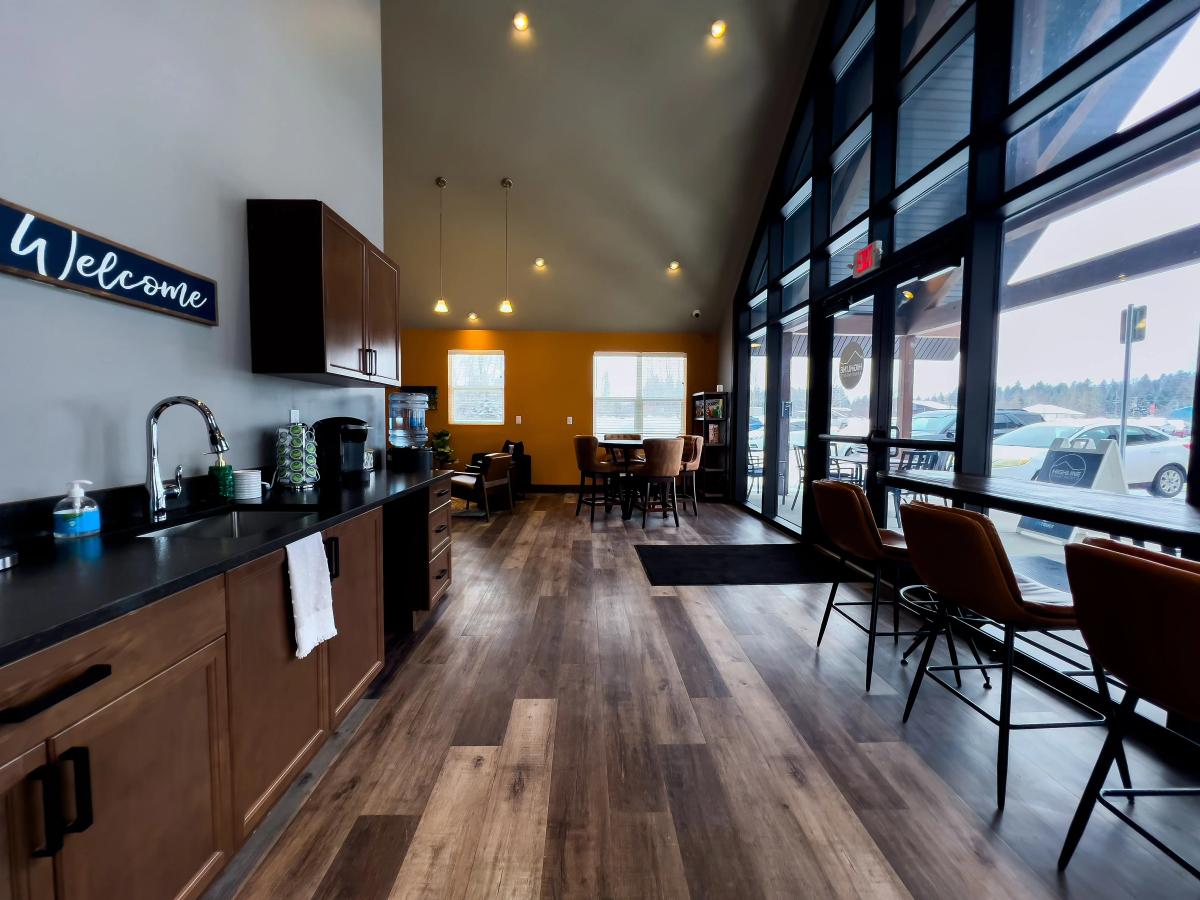 Clubhouse kitchen, work spaces, and social areas